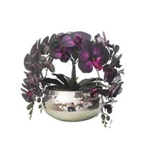 Arranjo De 4 Flores Orquídeas Premium Roxa Com Vaso Prata
