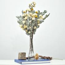 Arranjo de flores desidratadas bounganville branco + vaso de vidro