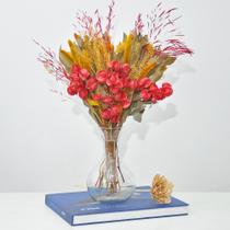 Arranjo de flores desidratadas bounganville vermelho com vaso de vidro