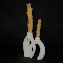 Arranjo de Flores Sempre-Vivas Naturais em Vaso Decorativo DUPLO, Branco com Padrão Art Déco 4