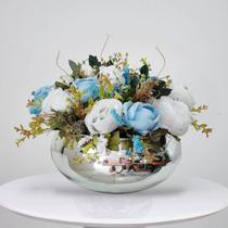 Arranjo de Mesa Flores Artificiais Rosas Azul no vaso