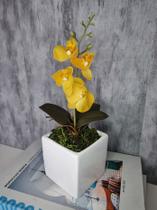 Arranjo De Mini Orquídea Amarela Vaso Branco Quadrado Arranjo De Mini Orquídea Amarela Vaso Branco Quadrado
