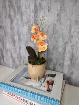 Arranjo De Mini Orquídea Laranja Vaso Bege Redondo Arranjo De Mini Orquídea Laranja Vaso Bege Redondo