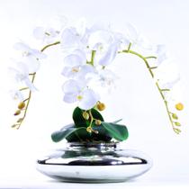 Arranjo de Orquídea Artificial Branca 3 Hastes em Terrário Prata