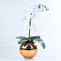 Arranjo de Orquídea Artificial Branca em Aquário Dourado Taty