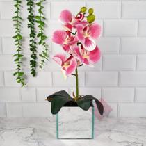 Arranjo de Orquídea Grande Artificial +Vaso Vidro Espelhado