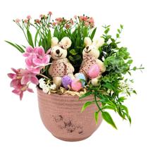 Arranjo De Páscoa Com Vaso Casal De Coelho Rosa Decoração