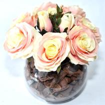 Arranjo de Rosas Artificiais Amarelas Rosadas em Vaso de Vidro