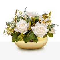 Arranjo de Rosas Clássico Decoração Luxo Vaso Vidro Espelhado Dourado Arranjo de Rosas Clássico Decoração Luxo Vaso Vidro Espelhado Dourado