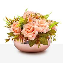 Arranjo de Rosas Clássico Decoração Luxo Vaso Vidro Espelhado Rosê Arranjo de Rosas Clássico Decoração Luxo Vaso Vidro Espelhado Rosê
