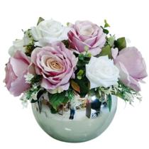 Arranjo Decorativo Flores Rosas Artificiais Vaso Prata