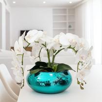 Arranjo Floral 4 Orquideas Brancas Vaso Lagoon Gold Azul