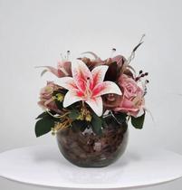 Arranjo Flores Artificiais Lírios Vaso Terrário 12x12cm - La Caza Store