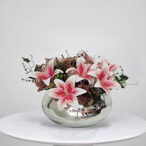 Arranjo Flores Artificial Lírios No Vaso Prateado Espelhado - La Caza Store