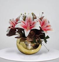 Arranjo Flores Lírios Artificiais Vaso Decorativo 30x25cm