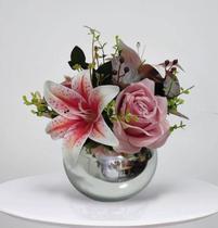 Arranjo Flores Lírios e Rosas Artificiais Vaso 12x12cm