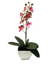 Arranjo Flores Mini Orquídea Rosa Pink de Silicone Toque Real Vaso Branco