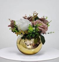 Arranjo Flores Rosas Artificiais Vaso Ouro Espelhado 30x25cm - La Caza Store