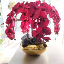 Arranjo Grande 4 Orquídeas Vermelhas Vaso Bacia Dourado 30cm - Criart House