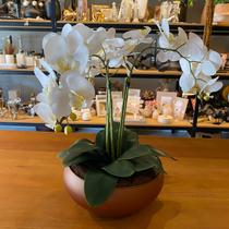 Arranjo Grande Centro de Mesa 3 Orquídeas Branca 3d Vaso Cobre