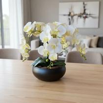 Arranjo Grande Centro de Mesa 3 Orquídeas Branca 3d Vaso Preto