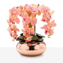 Arranjo Grande Centro De Mesa 8 Cadeiras Orquídea Artificial Vaso Vidro Rosê Espelhado