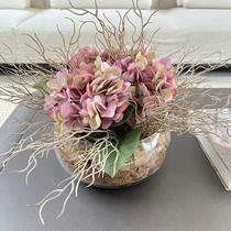 Arranjo Grande Centro de Mesa Hortênsias Lilás Artificial Vaso Incolor