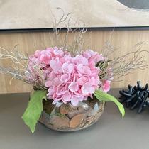 Arranjo Grande Centro de Mesa Hortênsias Rosa Artificial Vaso Incolor