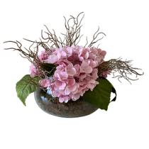 Arranjo Grande Centro de Mesa Hortênsias Rosa Artificial Vaso Incolor