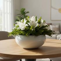 Arranjo Grande Centro de Mesa Lírio Branco Artificial Vaso Branco