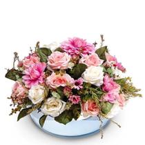 Arranjo Grande Rosas Artificiais Mistas Vaso Prata Espelhado - La Caza Store