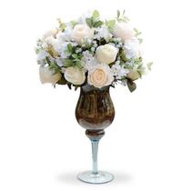 Arranjo Grande Vaso Taça De Vidro Flores Rosas Mistas Branca