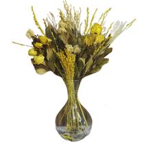 Arranjo Mix De Flores Secas Preservadas Vibrante Amarelo + Vaso De Vidro