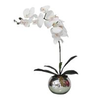 Arranjo No Vaso Prata Flores Artificial Orquideas Branca
