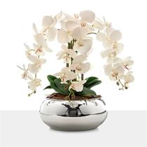 Arranjo Orquídea Santorini 4 Hastes - Branco Vaso Prata Espelhado - Mesa 8 Cadeiras Arranjo Orquídea Santorini 4 Hastes - Branco Vaso Prata Espelhado - Mesa 8 Cadeiras
