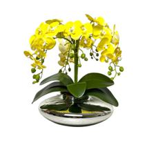 Arranjo Orquídea Silicone 3 Hastes Dupla Vaso Vidro Espelhado Prata