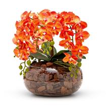 Arranjo Orquídea Silicone 3 Hastes Duplas Vaso Vidro Incolor