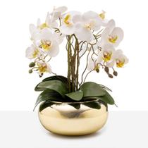Arranjo Orquídea Silicone 4 Hastes Vaso Espelhado Dourado Luxo