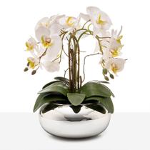Arranjo Orquídea Silicone 4 Hastes Vaso Espelhado Prateado Luxo - Floralis