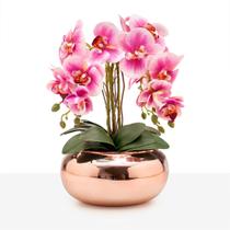 Arranjo Orquídea Silicone 4 Hastes Vaso Espelhado Rosê Gold
