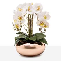 Arranjo Orquídea Silicone 4 Hastes Vaso Espelhado Rosê Gold