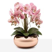 Arranjo Orquídea Silicone 4 Hastes Vaso Espelhado Rosê Gold