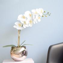 Arranjo Orquídea Silicone Branca no Vaso Vidro Espelhado Rose Gold M