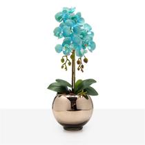 Arranjo Orquídea Silicone Haste Dupla Azul Decoração Vaso Vidro Ônix Espelhado