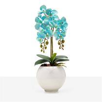 Arranjo Orquídea Silicone Haste Dupla Azul Decorativo Vaso Vidro Branco