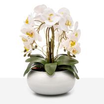 Arranjo Orquídea Silicone Toque Real 4 Hastes Vaso Vidro Branco