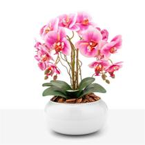 Arranjo Orquídea Silicone Toque Real 4 Hastes Vaso Vidro Branco