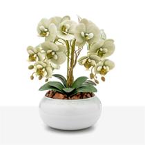 Arranjo Orquídea Silicone Toque Real 4 Hastes Vaso Vidro Branco