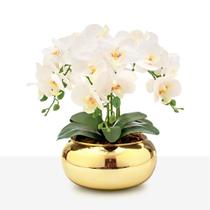 Arranjo Orquídea Silicone Toque Real 6 Hastes Vaso Vidro Dourado Espelhado