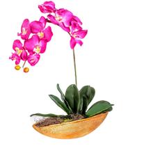 Arranjo Orquideas Artificiais Toque Real Barca Dourada Vaso Decorativo Mesa Sala Enfeites - BONITO DECORA